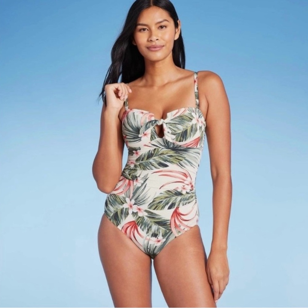 Kona Sol Tropical Print One Piece Swimsuit - Green and Pink